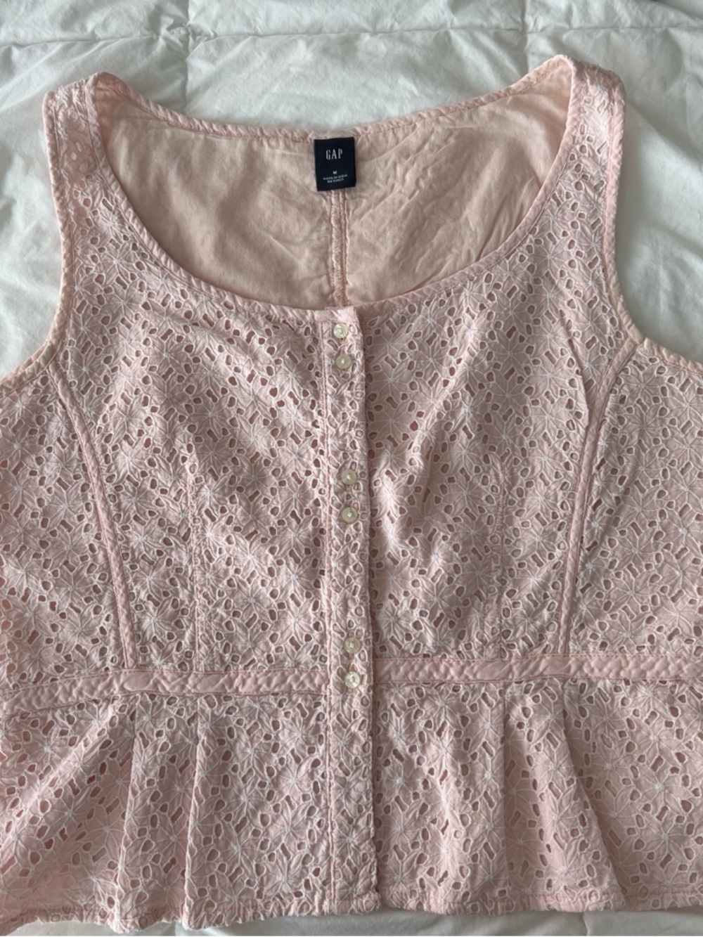 GAP Light Pink Lace Button-Front Peplum Top
